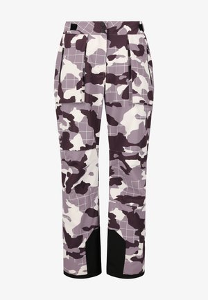 Kamaftööripüksid lilla ja valge tooni ruudulise mustriga, küljetaskute ja mustade aktsentidega allääres.