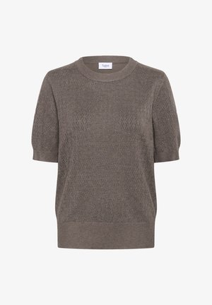 Pull en tricot marron à manches courtes avec un motif texturé, col rond et ourlet en côtes. Présente un éclat subtil grâce à son matériau.