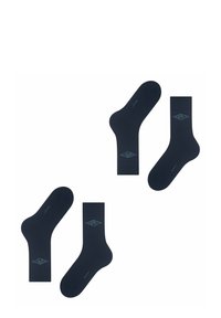 Dunkelblaue Baumwollmischsocken mit gerippter Textur, die ein hellblaues Logo am Knöchel und im Mittelteil aufweisen. Vier Socken sind zusammen angeordnet.