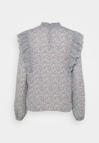 Langärmeliges Blusentop mit floralem Muster, das über gerüschte Akzente an den Schultern, einen hohen Kragen und einen Knopfverschluss auf der Rückseite verfügt.