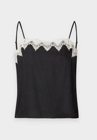 Czarna koszulka na cienkich ramiączkach z białą falbanką z koronki wzdłuż dekoltu. Gładka tkanina o luźnym kroju.