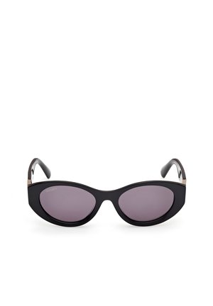 Cat-eye sunglasses with black plastic frames, dark purple lenses, and silver accents on the arms. Smooth texture with a glossy finish.