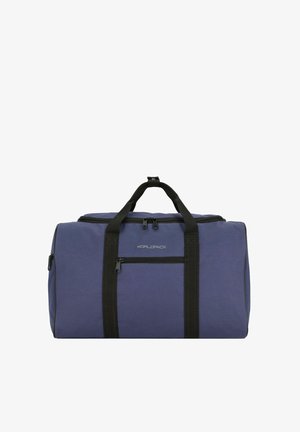 Blue duffel bag with black accents, featuring a zippered pocket, dual handles, and durable fabric. Compact and rectangular shape.