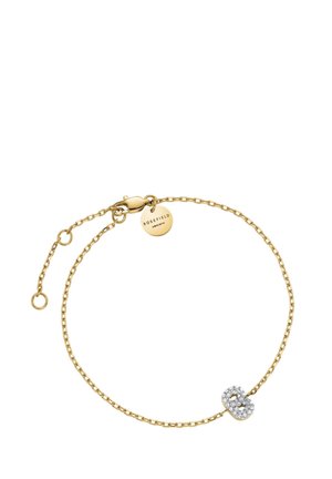 Gouden schakeltjesarmband met een kristalaccent-klep en een ronde hanger. Korte schakelkettingen en een verstelbare lengte zorgen voor veelzijdigheid.