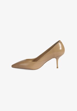Beige leren pump met spitse neus en een lage stilettohak. Heeft een slank design en een soepele textuur, met een licht glanzende afwerking.