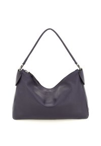 Borsa a spalla in pelle viola con una superficie liscia, design hobo, parte superiore arcuata e una sola tracolla. Presenta accenti sottili e una chiusura a zip.