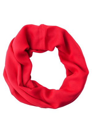 Pañuelo tubular o braga para el cuello de tela roja, suave y ligera, dispuesto en una forma circular suelta sobre un fondo blanco.