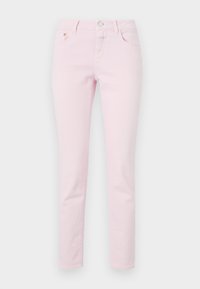 Világos rózsaszín farmernadrág, slim fit fazonban, gombos és cipzáras záródással, öt zsebes kialakítással és varrási részletekkel.