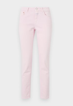Jeans din denim roz deschis, cu croi slim, dotate cu închidere cu nasture și fermoar, design cu cinci buzunare și detalii de cusătură.