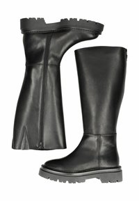 Bottes noires en cuir montantes avec une surface texturée, fermeture éclair sur le côté et semelle en caoutchouc épaisse. Présente des coutures discrètes et un bout rond.