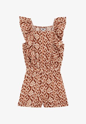 Kreminės spalvos be rankovių rompers su rudos spalvos geometriniu raštu, turintis elastingą juosmenį ir trumpas kelnes. Tekstūruotas audinys.