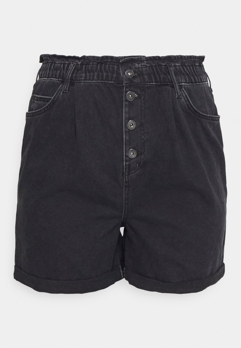 Musta farkkushortsit kokoontuneella joustavalla vyötärönauhalla, viiden napin kiinnitys ja kaksi etutaskua. Ominaisuuksiin kuuluu käännetty helma ja haalistunut pinta.