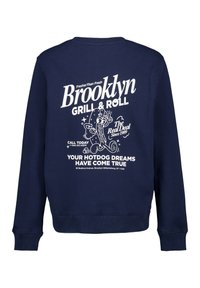 Sudadera azul marino con texto blanco y un gráfico de perrito caliente en la parte posterior. Incluye cuello redondo, puños y dobladillo acanalados. Diseño casual.