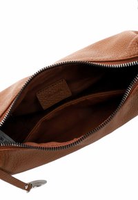 Brown leather pouch with a textured finish, featuring a silver zipper and a fabric lining inside. Spacious interior with one side pocket.