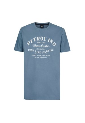 T-shirt en coton bleu à manches courtes et col rond ; présente un texte et des logos imprimés en blanc sur la poitrine.