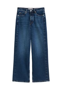 Dunkelblaue weit geschnittene Jeans mit leichtem Fade, fünf Taschen, silbernem Knopf- und Reißverschlussverschluss sowie kontrastierender Nähte.