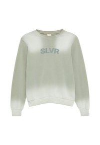 Lichtgroene sweatshirt met een gradient ontwerp, geribbelde manchetten en halslijn. "SLVR" in een donkere tint gedrukt op de voorkant.