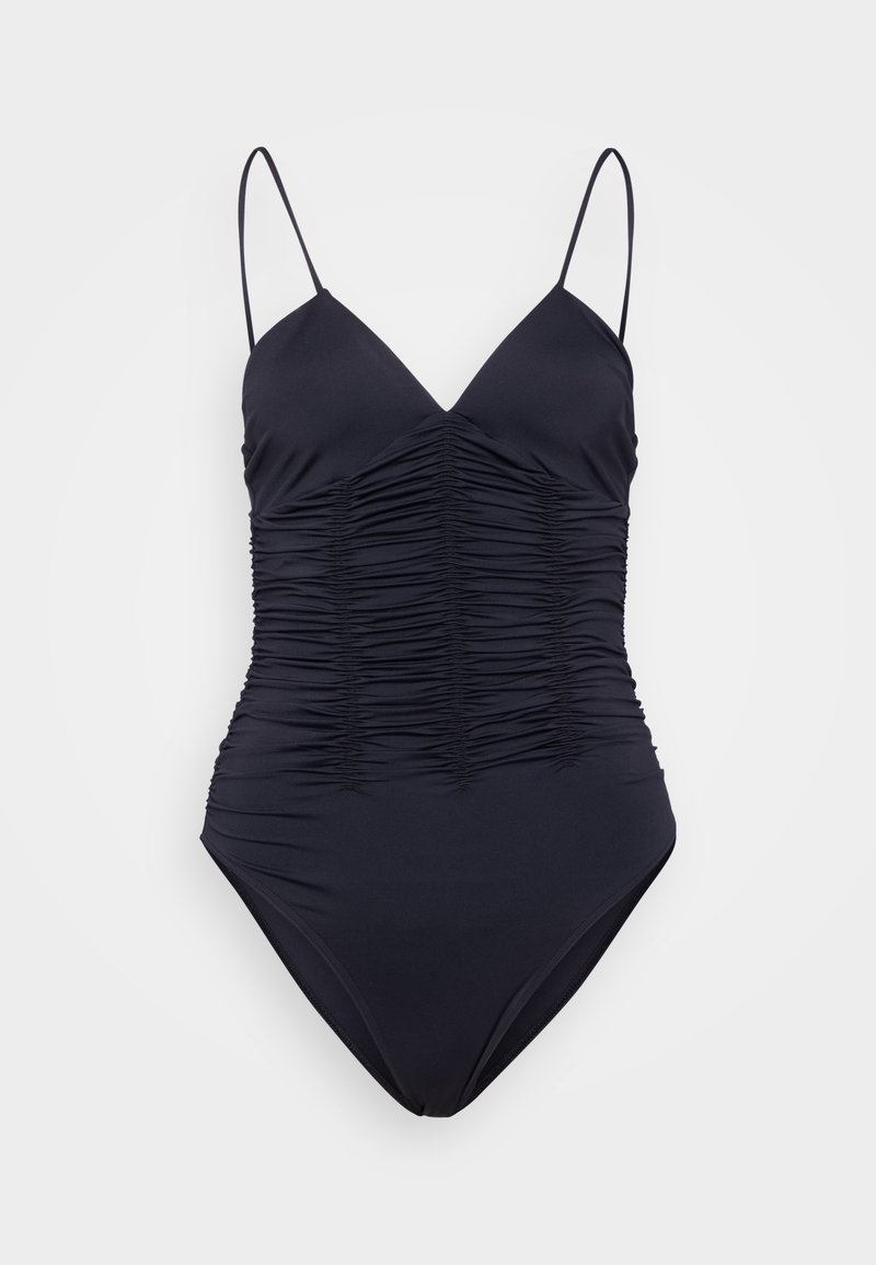 Costume da bagno intero nero con scollatura a V, spalline sottili regolabili e dettagli arricciati lungo la parte anteriore per aggiungere texture.