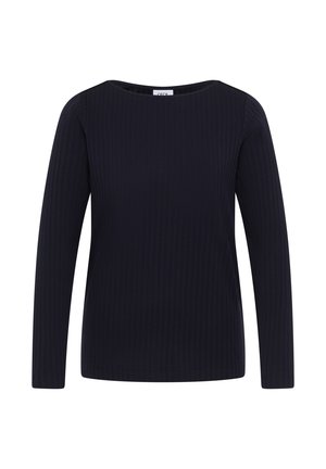 Niebieska bluzka z długim rękawem o prążkowanej strukturze i okrągłym dekolcie, prezentowana na białym tle.