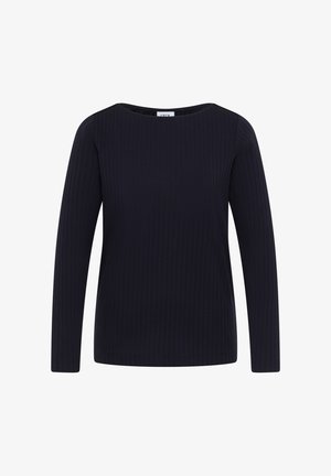 Niebieska bluzka z długim rękawem o prążkowanej strukturze i okrągłym dekolcie, prezentowana na białym tle.