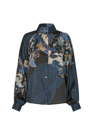 Zijde blouse met een blauw, beige en zwart bloemenpatroon. Hoge kraag en geplooide mouwen. Voorzien van knoopsluitingen en een relaxte pasvorm.