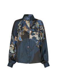 Silke blouse med blå, beige og sort blomsterdesign. Høj krave og pufærmer. Har knaplukninger og en afslappet pasform.