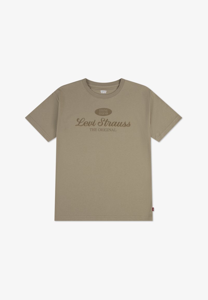 T-shirt en coton beige à manches courtes, col rond, avec un texte imprimé : « LIVING LEGEND LEVI STRAUSS THE ORIGINAL » en marron foncé.