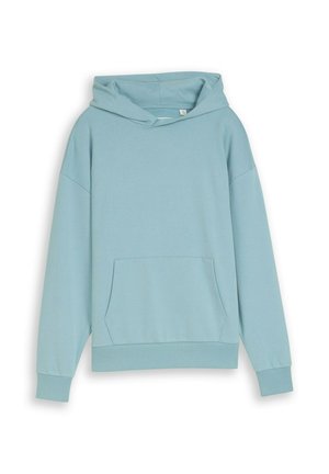 Hellblauer Kapuzenpullover mit langen Ärmeln und vorderer Kängurutasche, aus weichem Stoff gefertigt.