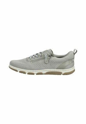 Sneaker casual grigio chiaro con tessuto in mesh, cerniera laterale, chiusura frontale con lacci, linguetta sul tallone e suola in gomma marrone.