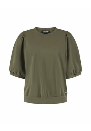 Olijfgroene blouse met korte mouwen en pofmouwen, ronde halslijn en aansluitende zoom, merk Lady Day maat small.