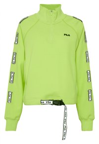 Pullover in pile verde neon con colletto alto, zip a un quarto e dettagli con logo lungo le maniche. Presenta una vita stretta con una cintura brandizzata.