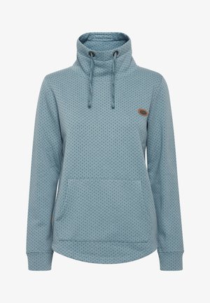 Šviesiai mėlynas puloveris su aukštu apykakle, taškiniais raštais, su raištelių reguliavimais ir priekine kengūros kišene.