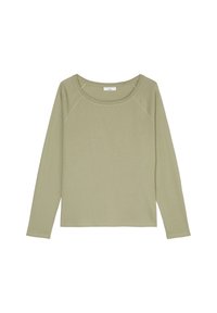 Langermet T-skjorte i lys olivengrønn, laget av myk stoff, med rund halslinje og raglanermer. Jevn tekstur, minimalistisk design.
