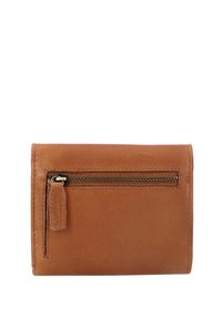 Brown leather wallet features a zippered exterior pocket and a textured surface. Compact rectangular shape with stitched edges.