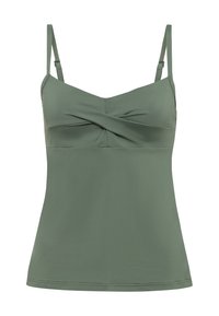 Oliegroene tanktop met verstelbare bandjes, gedraaide voorkant, gladde stof, getailleerd ontwerp en een rechte zoom.