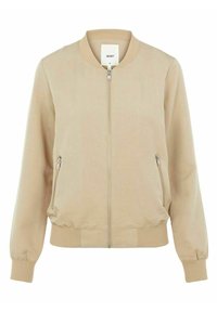 Veste bomber beige en tissu lisse, dotée d'une fermeture éclair à l'avant, de poignets et d'un ourlet côtelés, ainsi que de deux poches latérales zippées. Design minimaliste sans motifs.