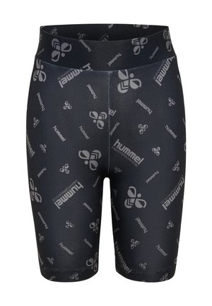 Sorte tætsiddende cykelshorts med lysegrå Hummel-logoer og tekst over det hele, med bred linning.