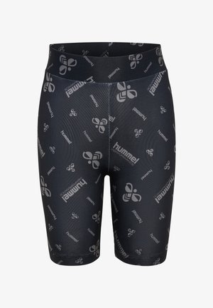 Czarne dopasowane spodenki rowerowe z jasnoszarymi logo Hummel i napisem na całej powierzchni, z szerokim paskiem w talii.