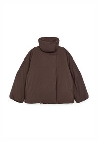 Brown puffer jacket with high collar, oversized shape, and elasticized cuffs. Smooth matte finish, featuring a central seam running vertically.