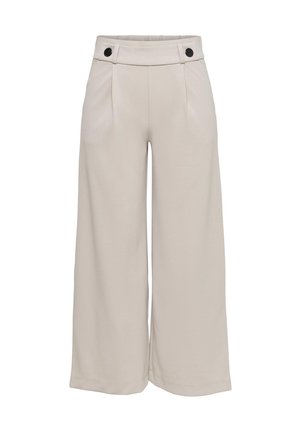 Pantalon beige à jambes larges avec taille haute et deux boutons noirs à la ceinture, sans poches visibles ni motifs.