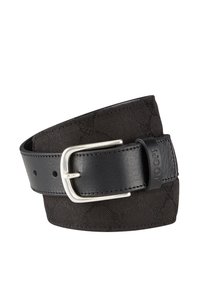 Zwarte riem met een glad leren gedeelte en een textuurstof, met een zilveren metalen gesp en logo. Het ontwerp bevat subtiele patronen.