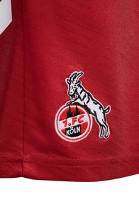 Rotes Sporttrikot mit einem gestickten Abzeichen einer Ziege und einem runden Logo mit der Aufschrift "7.FC KÖLN" in Weiß und Schwarz auf rotem Hintergrund.