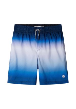 Short de bain dégradé bleu et blanc avec taille élastique et cordon blanc, petit logo près de l'ourlet sur la jambe droite.