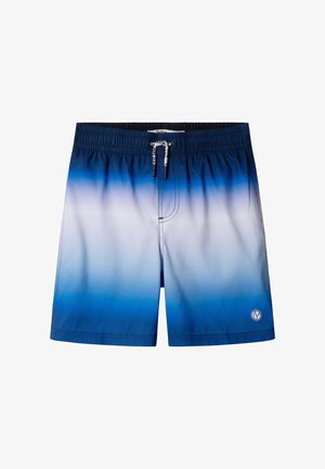 Short de bain dégradé bleu et blanc avec taille élastique et cordon blanc, petit logo près de l'ourlet sur la jambe droite.