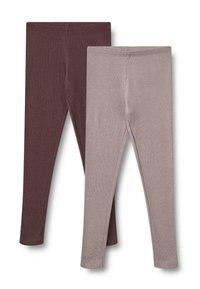 Zwei Paar Leggings: eine in einem tiefen Burgunderrot und eine andere in hellem Taupe, aus einem weichen, dehnbaren Stoff mit einer glatten Textur.