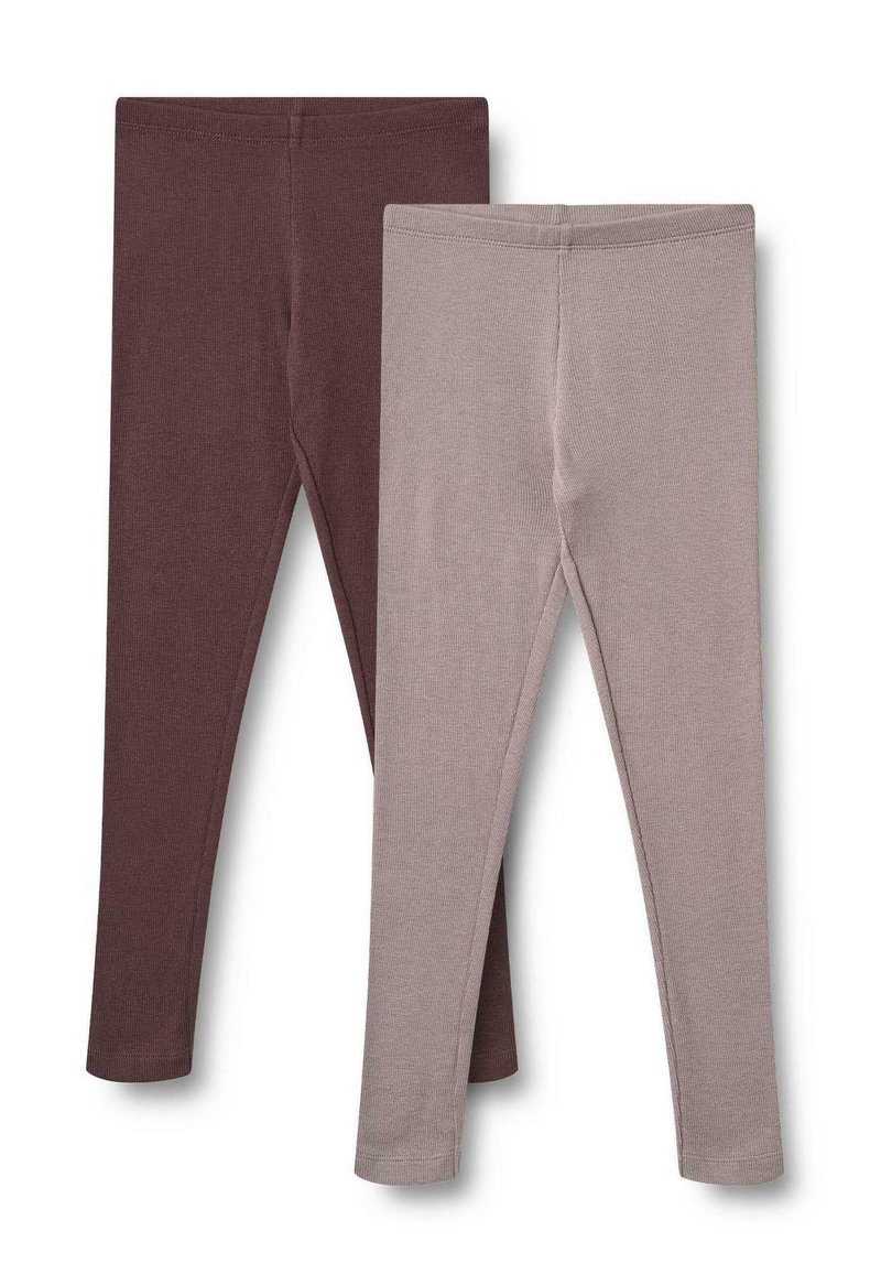 Zwei Paar Leggings: eine in einem tiefen Burgunderrot und eine andere in hellem Taupe, aus einem weichen, dehnbaren Stoff mit einer glatten Textur.