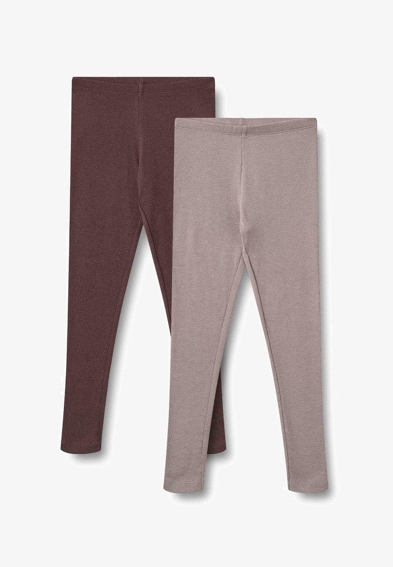 Zwei Paar Leggings: eine in einem tiefen Burgunderrot und eine andere in hellem Taupe, aus einem weichen, dehnbaren Stoff mit einer glatten Textur.