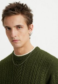 Grüner Kabelstrickpullover aus strukturiertem Wolle, mit einem gerippten Ausschnitt und kombiniert mit einem weißen Hemd. Sichtbare silberne Kette.