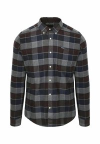 Flanellen overhemd met een donker bordeauxrood, grijs en marineblauw ruitjespatroon, voorzien van een knoopsluiting aan de kraag en een borstzakje aan de linkerkant.