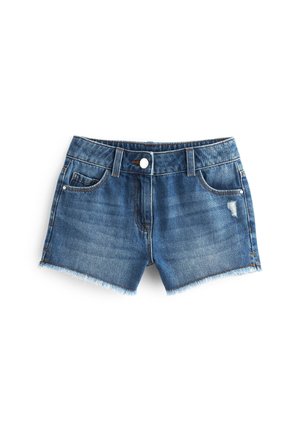 Shorts de denim, lavado azul, dobladillo deshilachado, diseño de cinco bolsillos, cierre de botón, matices desgastados, detalles de costura, estilo casual.